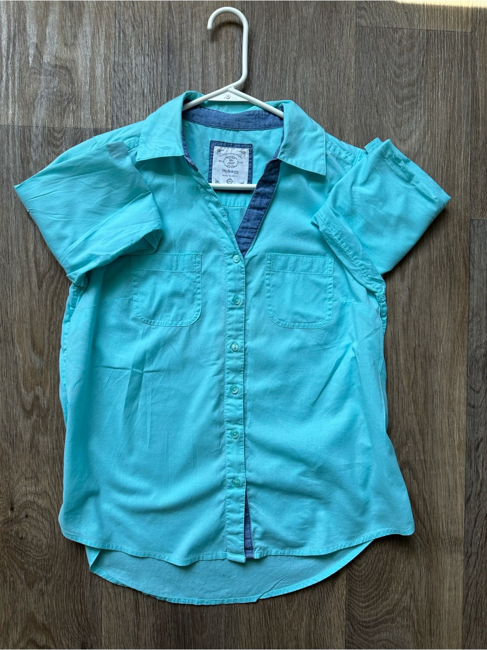 Style & Co. Petite Small Shirt Turquoise Long Sleeve Button Up Chambray Trim PS